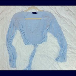 prettylittlething blue top with tie